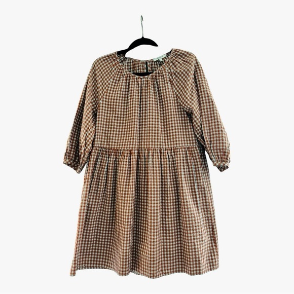 Casual Rust/Gray Crew Neck Raglan Sleeve Gingham Seersucker Sundress - Picture 6 of 10